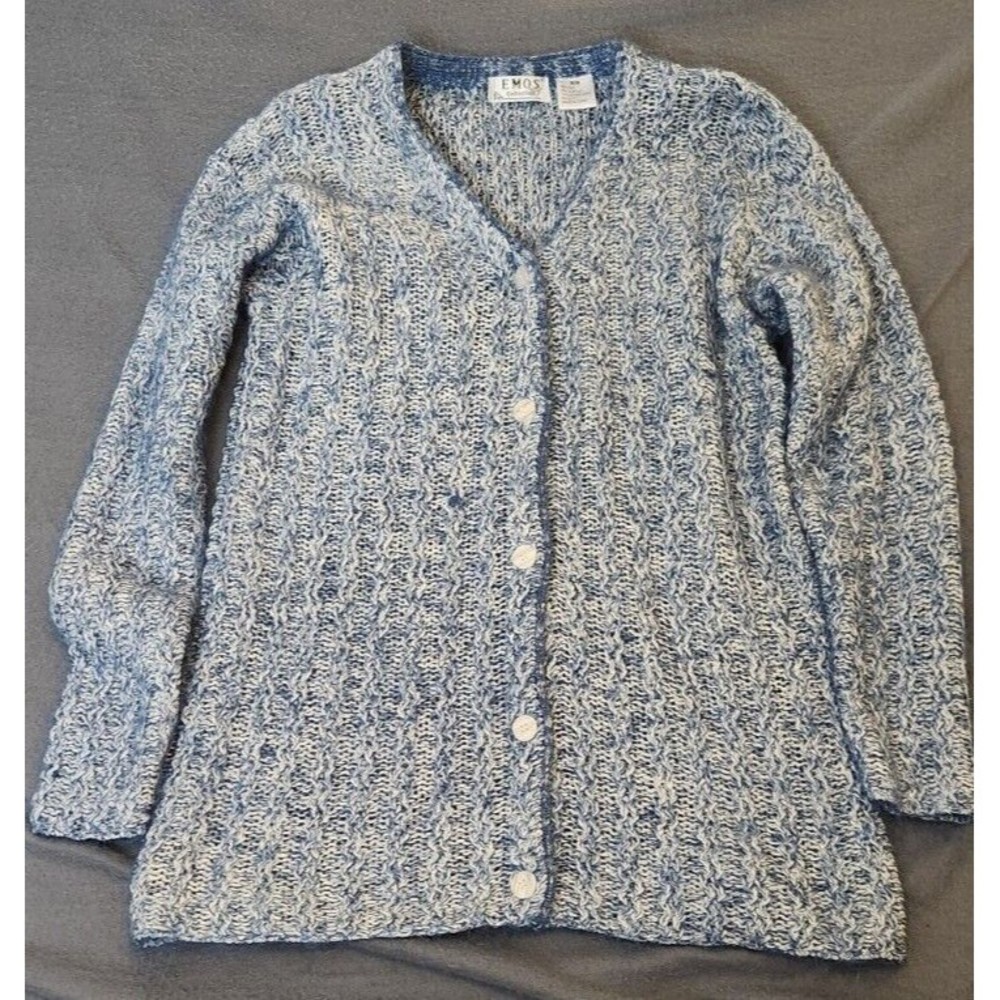 VTG EMOS COLLECTION Blue/White Cable Knit Silk Blend Tunic Cardigan Sweater SZ M - Picture 1 of 8